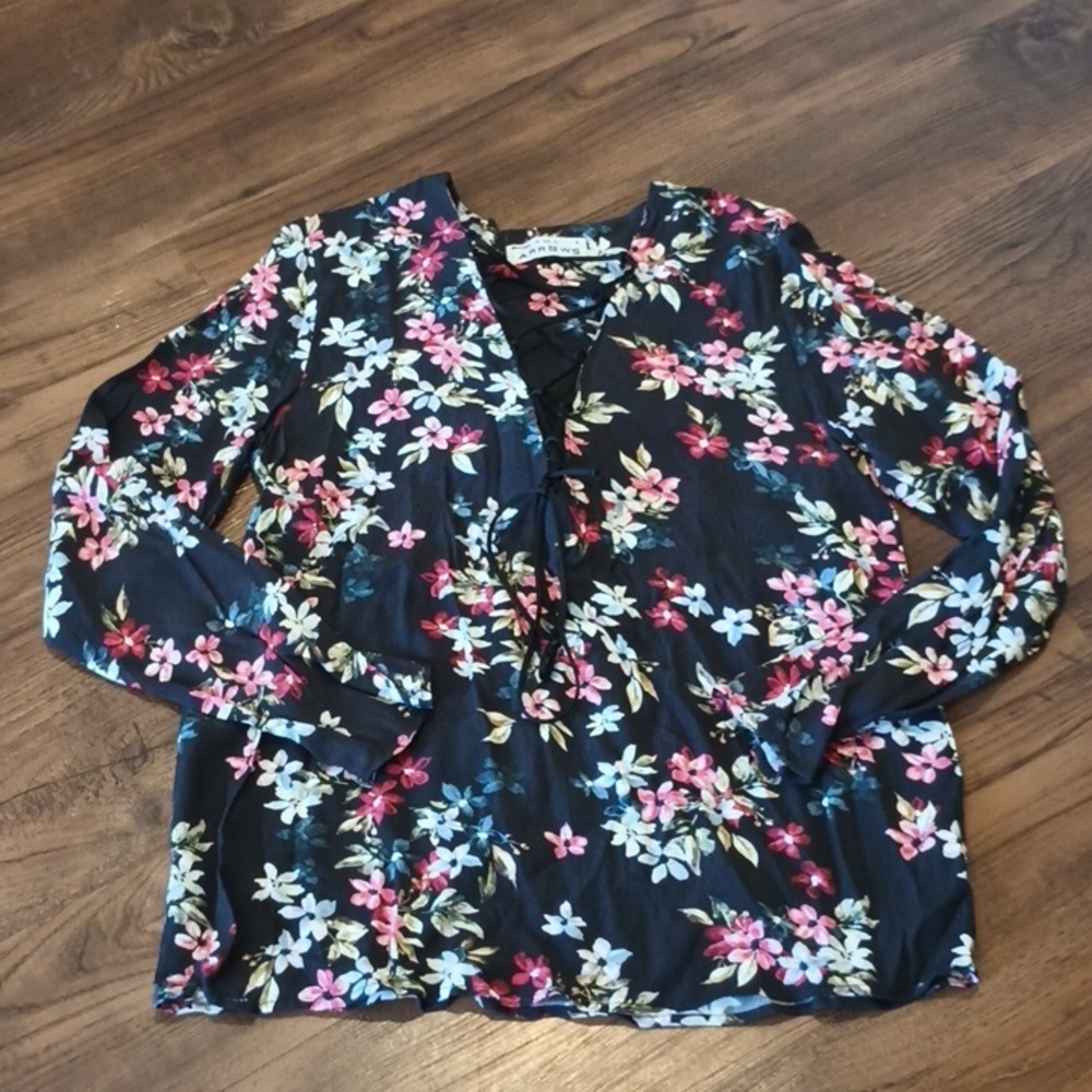 Two Arrows Black Pink Floral Lace Up VNeck Blouse I